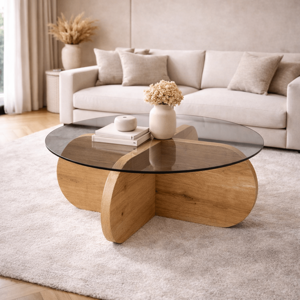 Aris Round Coffee Table 75 cm Tinted Glass - Melamine Oak