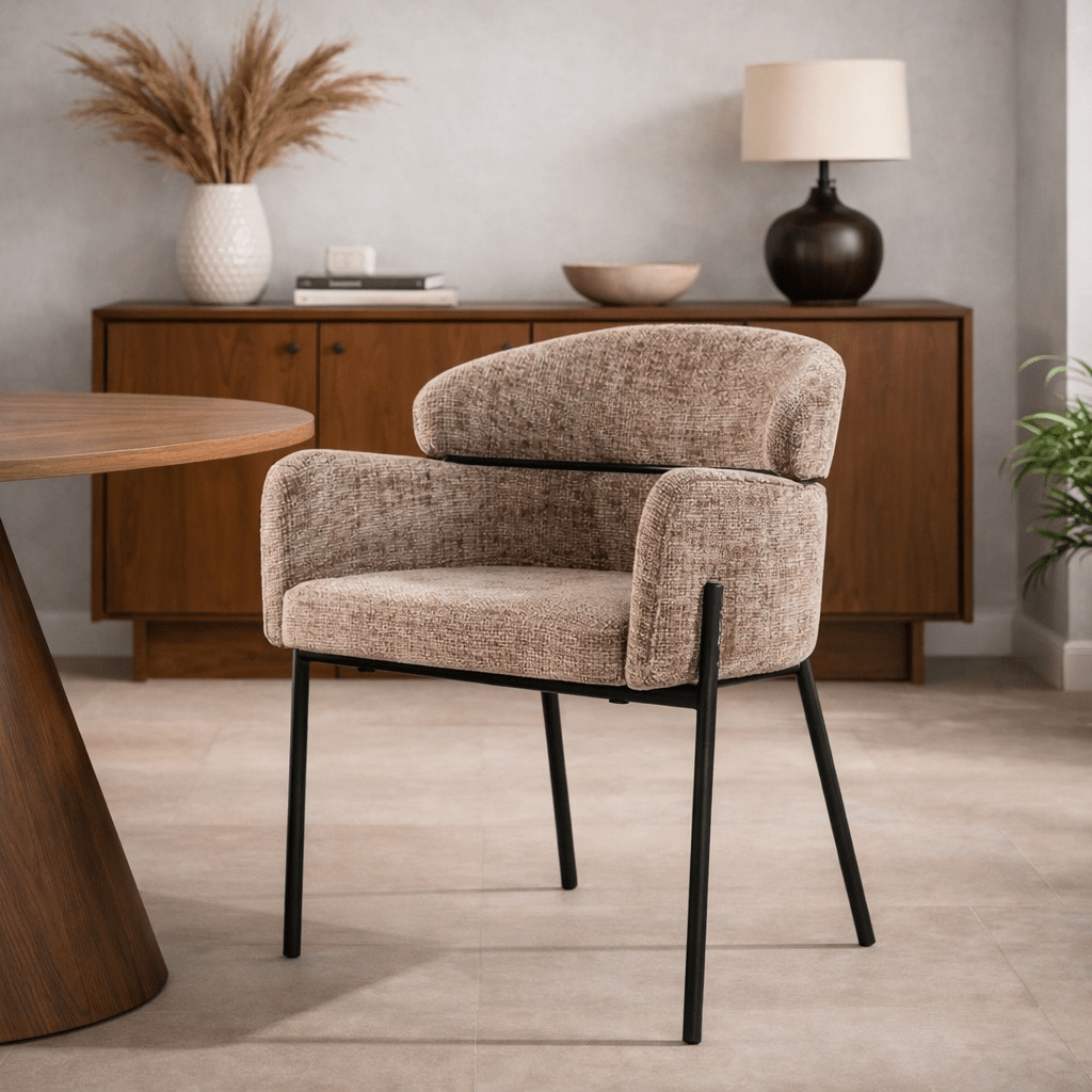 Dining room chair Chenille Taupe with round back and arm - Lola