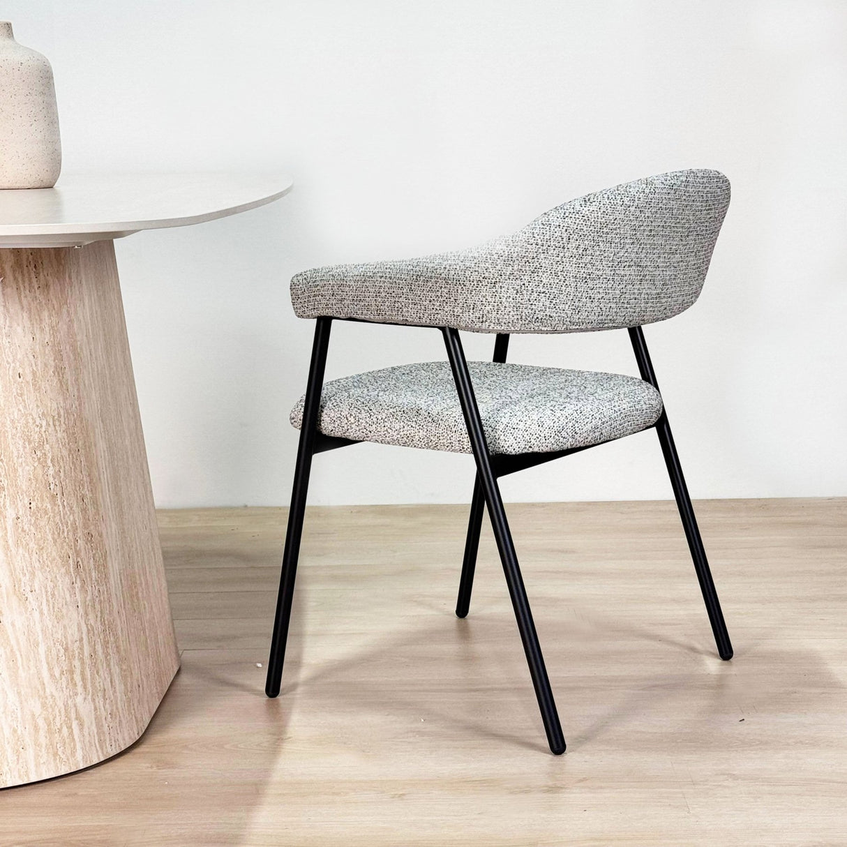 Complete Furniture Set: Lea Dining Table Sintered Stone Marble Look Travertine - Walnut Frame + 4x Lisa Dining Chairs Bouclé Gray