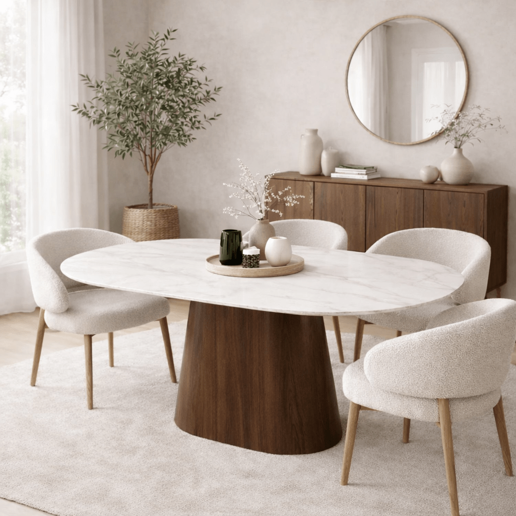Dining table Sintered Stone Marble Look White - Walnut Frame - Danish oval - 180x90 cm - Lea
