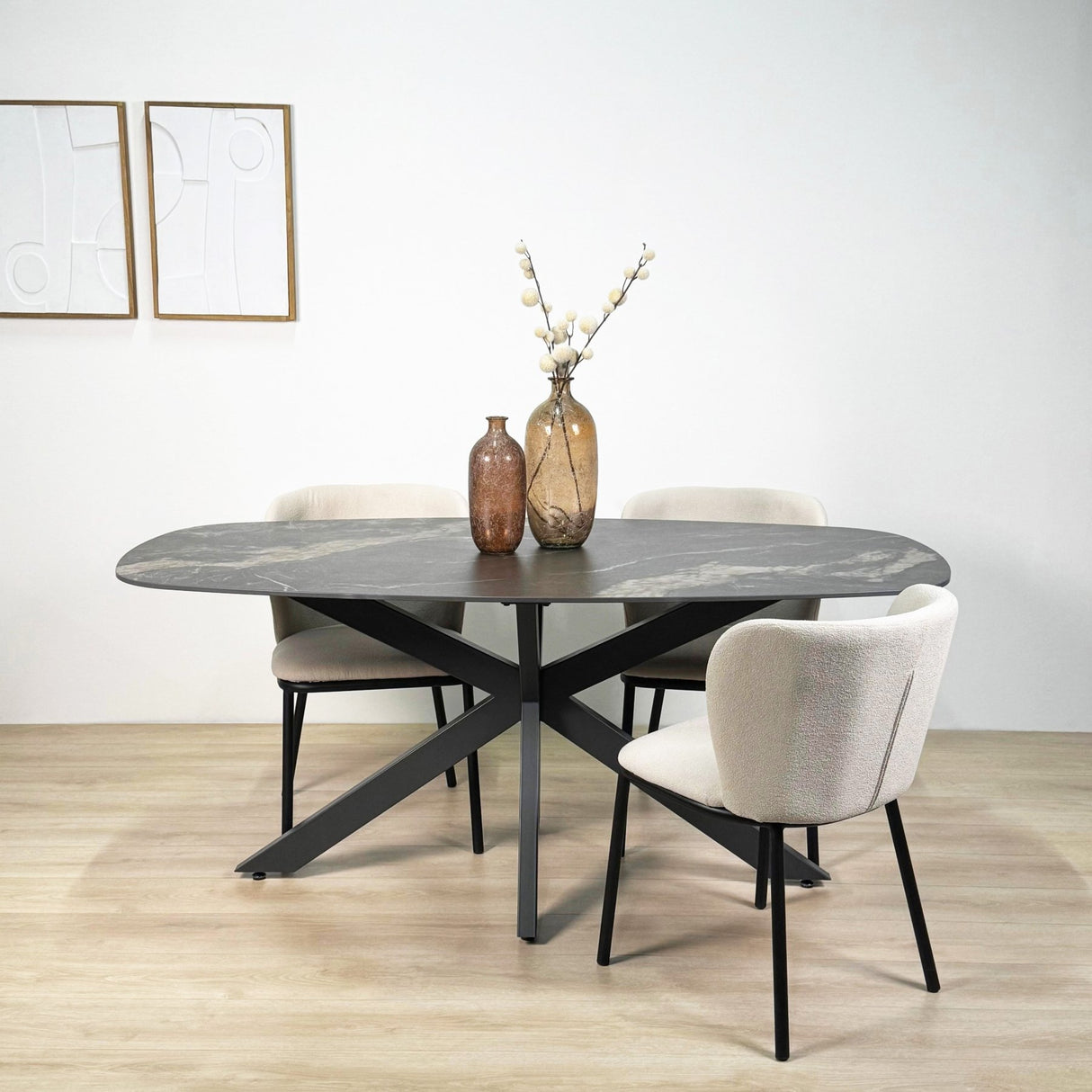 Eettafels - Eettafel Dolore 180x90 cm Deens Ovaal Marmerlook Zwart - Dimehouse
