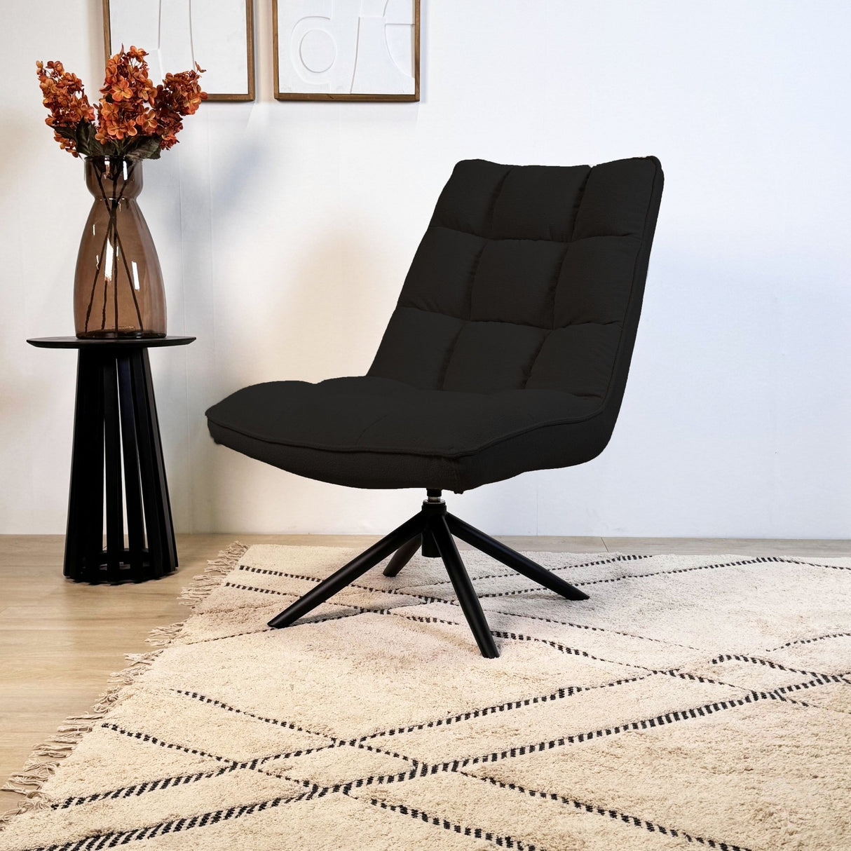 Yuki Black Bouclé Swivel Armchair 360° Rotatable