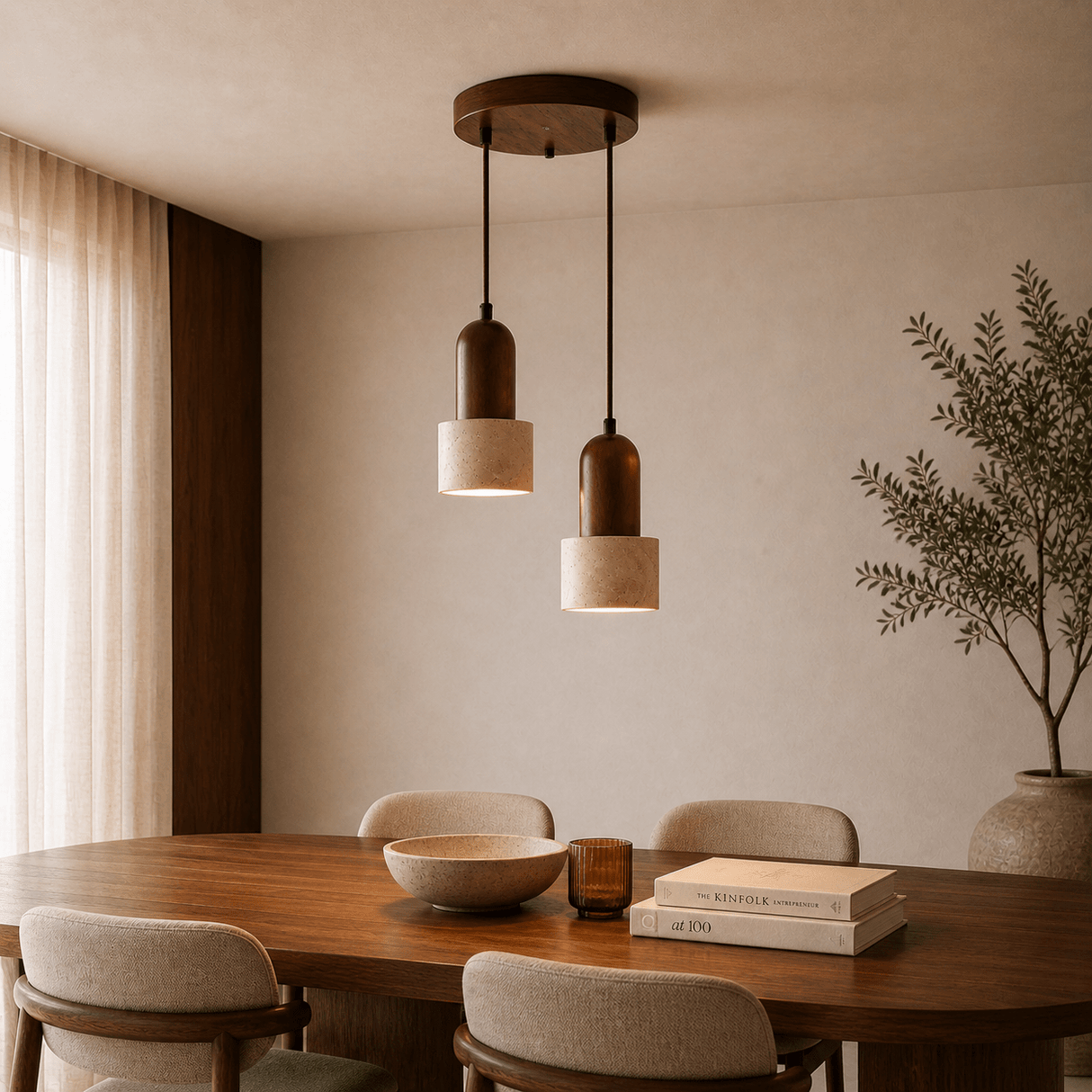 Hanglampen - Hanglamp 2 - lichts verschillende hoogtes – Walnoot & Travertin - Hikari - Dimehouse