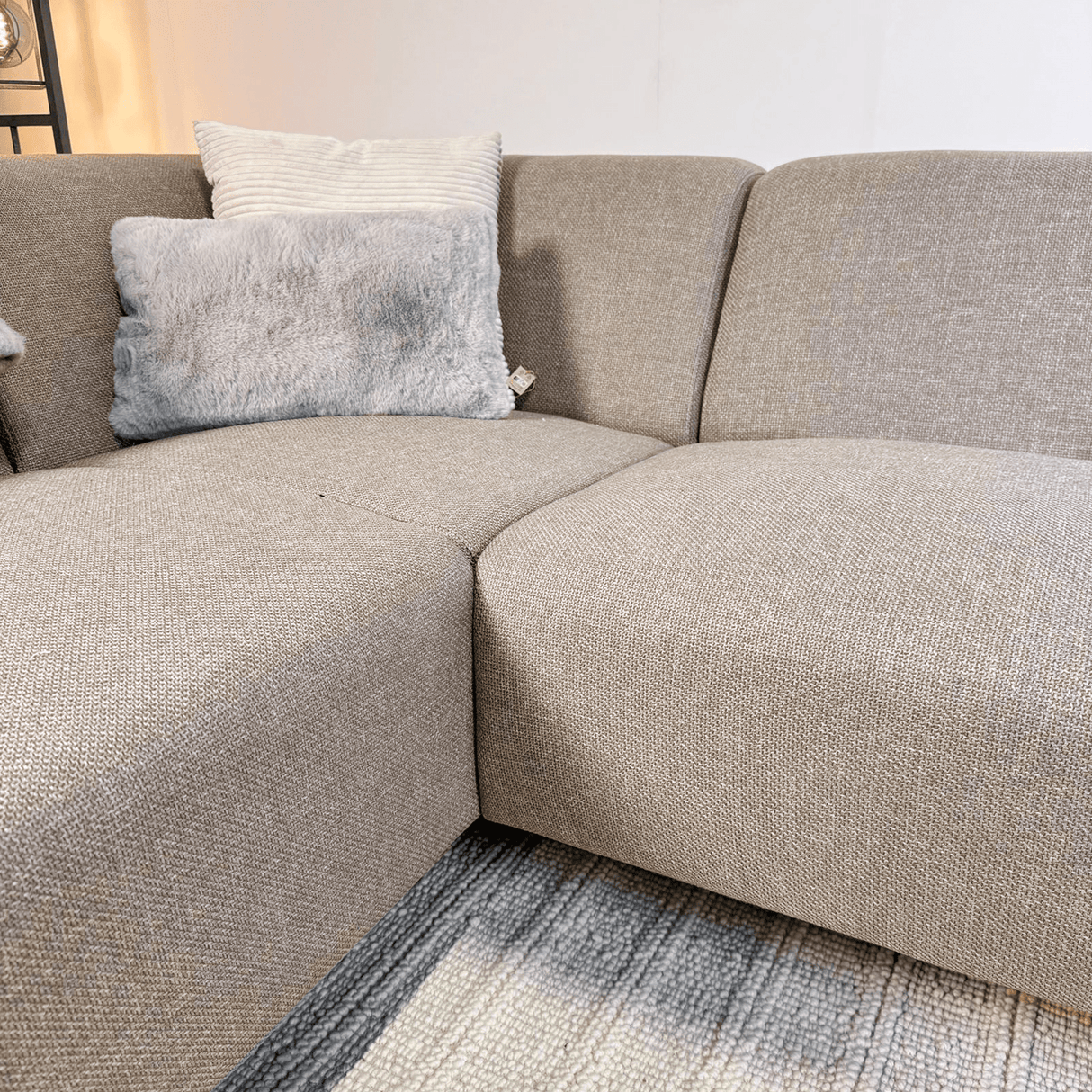 Corner sofa with compact lounge beige recycled fabric Moby - left