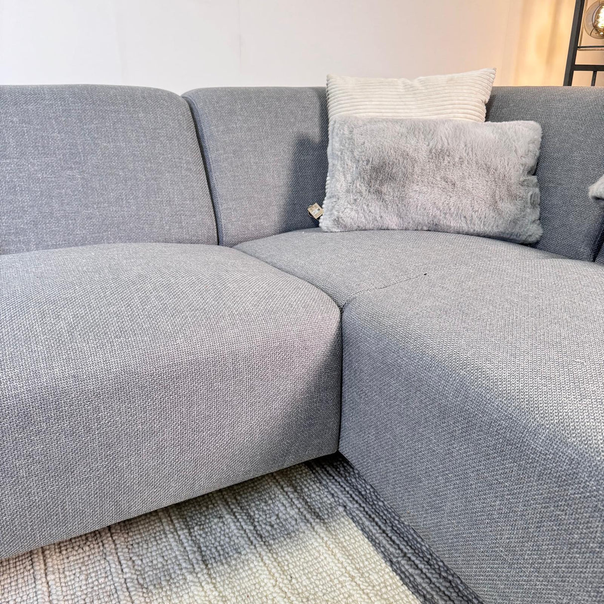 Corner sofa with compact lounge in grey-blue recycled fabric Moby - right