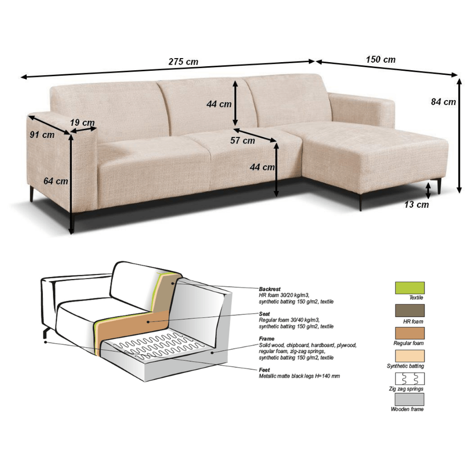 Corner sofa with compact lounge beige recycled fabric Moby - right