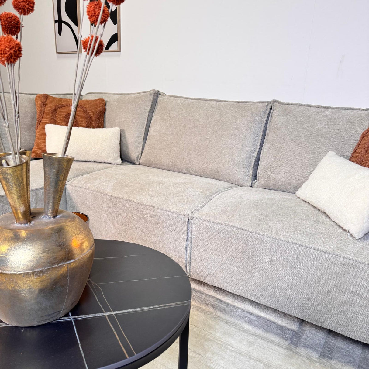 Corner sofa with beige chenille Yara chaise longue - left