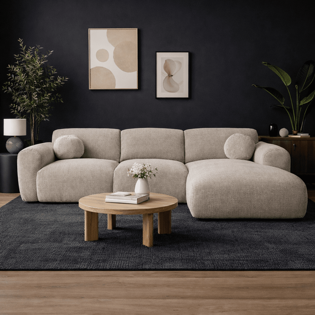 Corner sofa with chaise longue in beige chenille fabric Shane – right