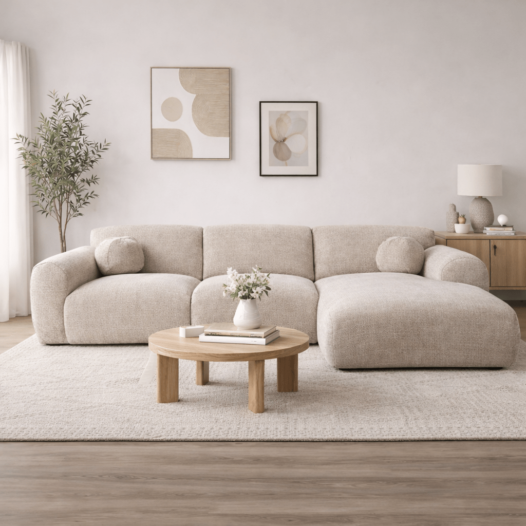 Corner sofa with chaise longue in beige chenille fabric Shane – right