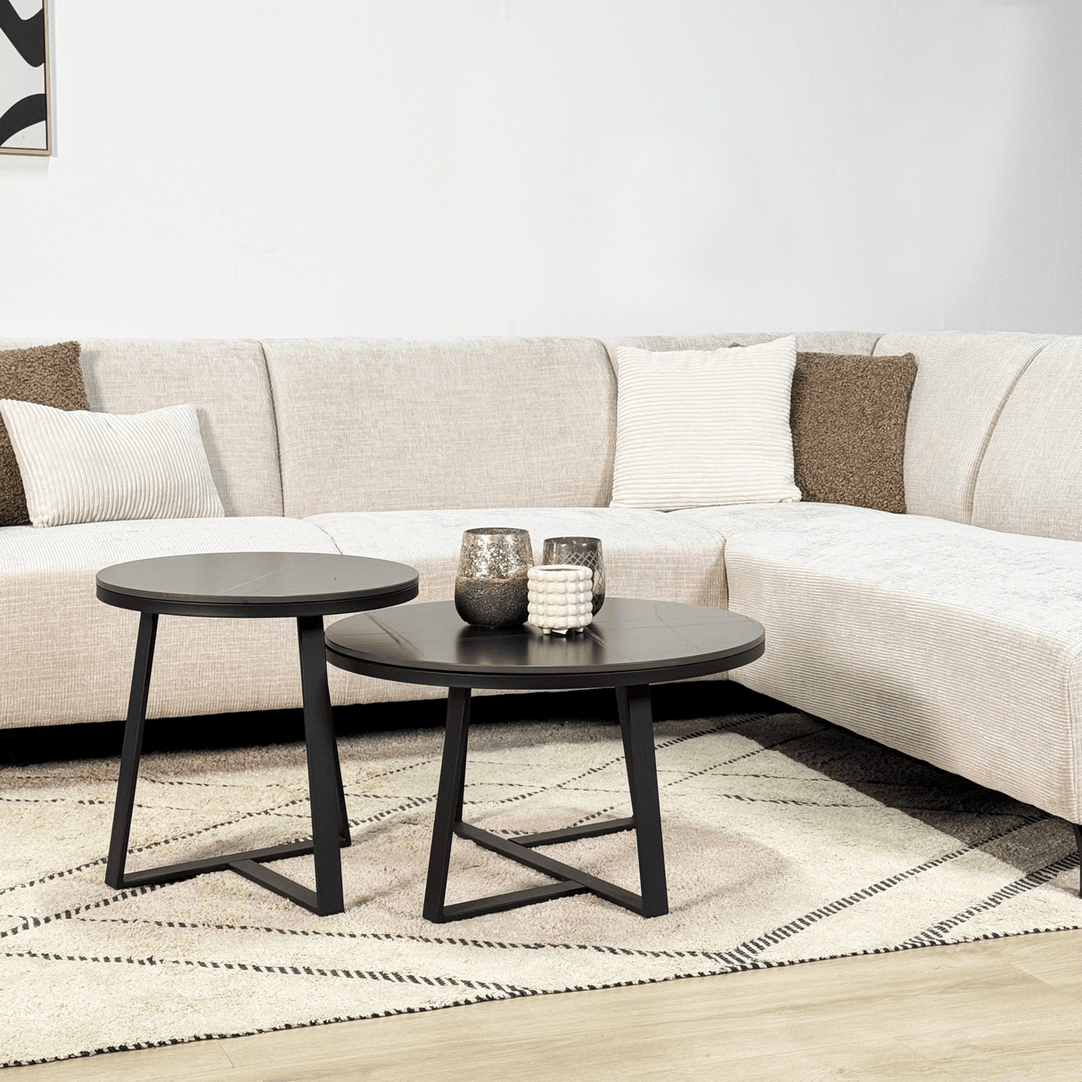 Corner sofa with chaise longue, beige chenille fabric Manon - right