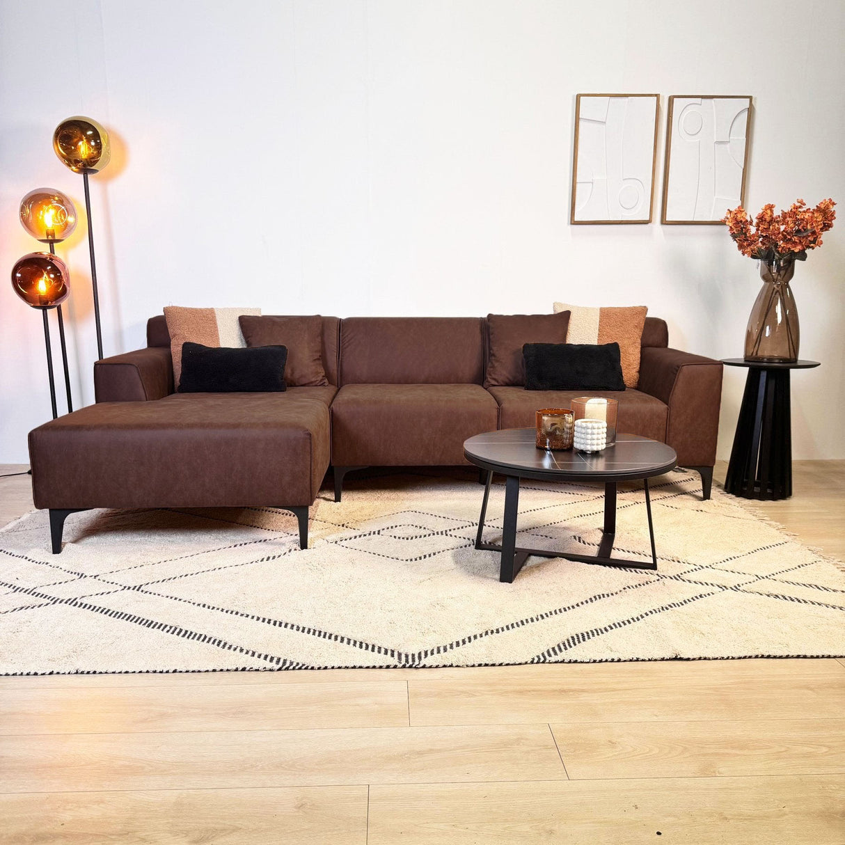 Corner sofa with compact lounge brown microfiber Davidson - left
