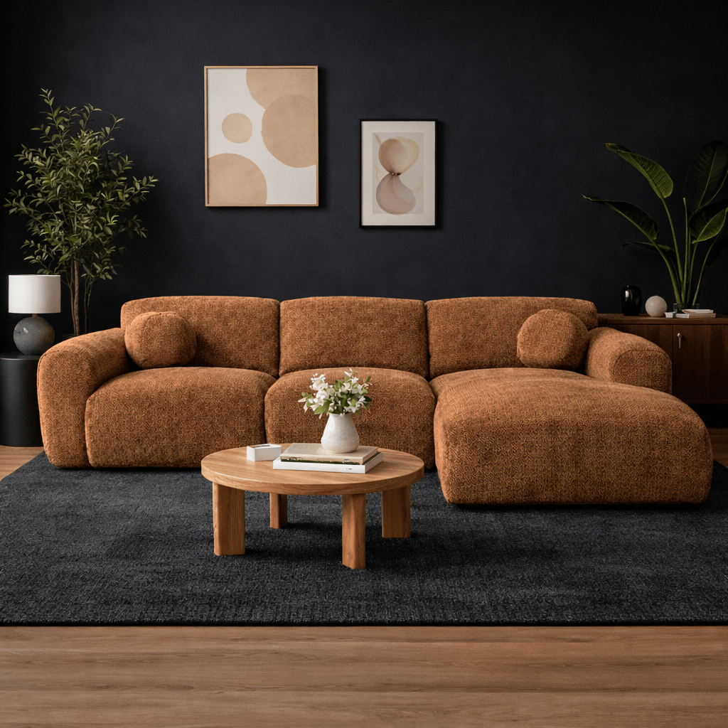 Corner sofa with chaise longue in copper chenille fabric Shane – right
