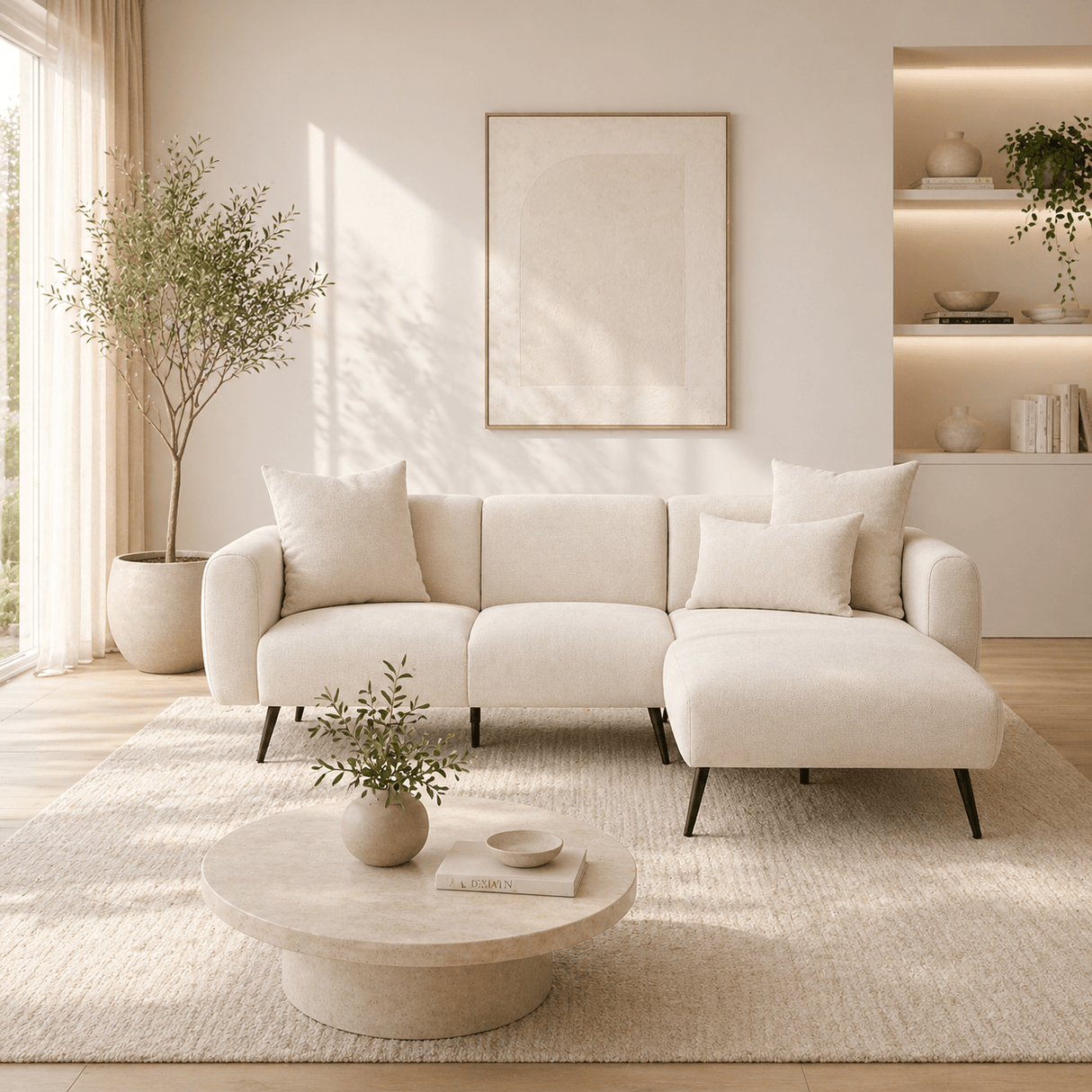 Corner sofa cream fabric - High slim legs - solid interior - 252 x 155 cm - Side