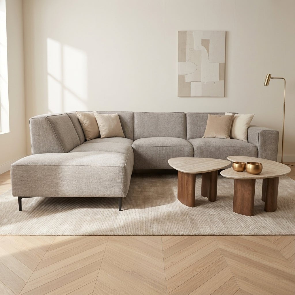 Hoekbank grijs chenille gemêleerd Ravi – Links sfeerfoto in modern interieur