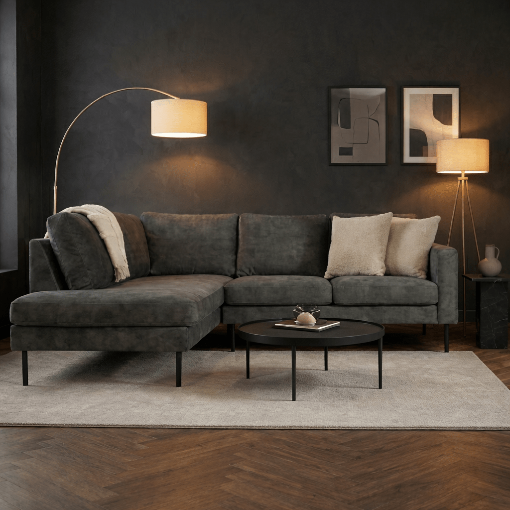 Green velvet corner sofa with tall legs Gaya - left