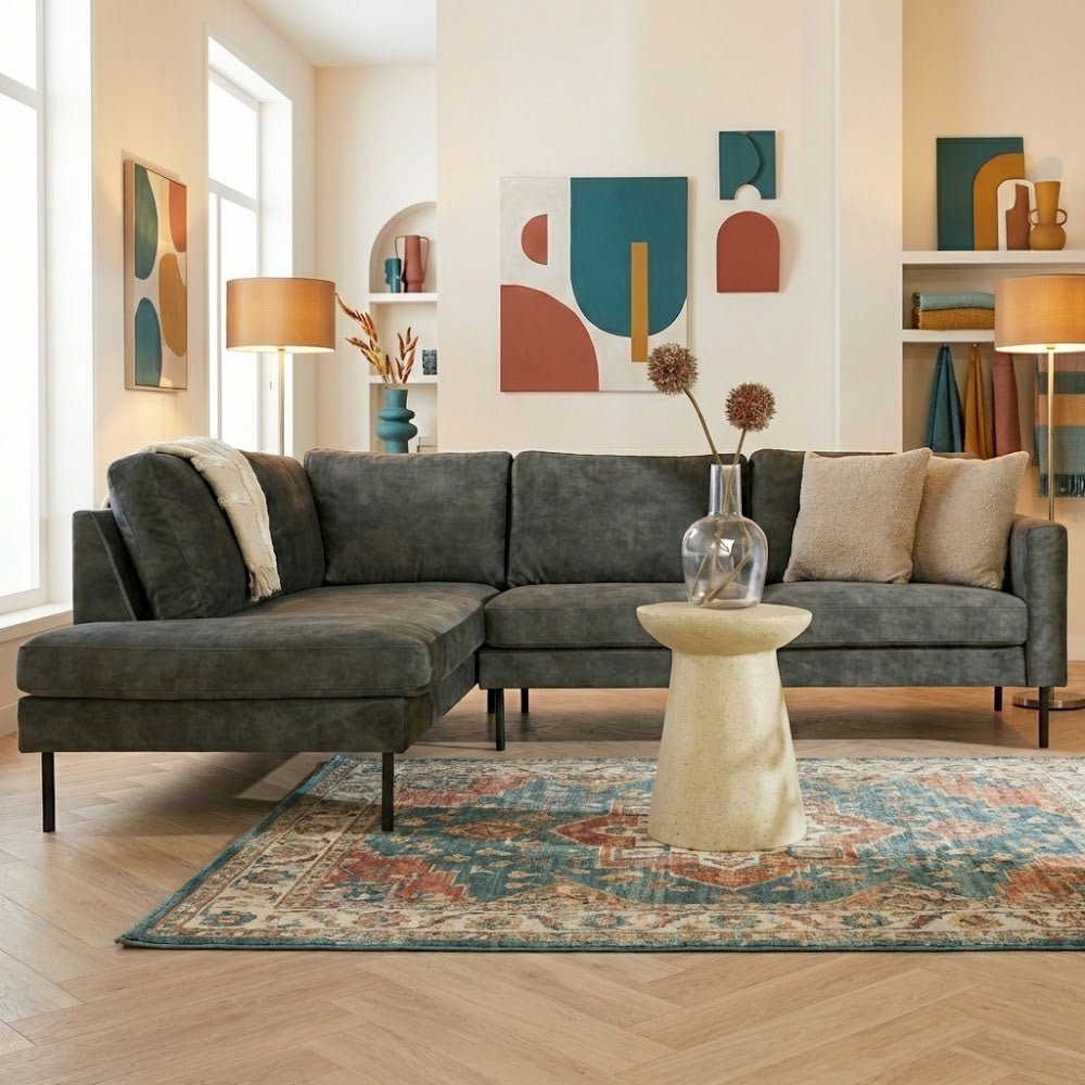 Green velvet corner sofa with tall legs Gaya - left
