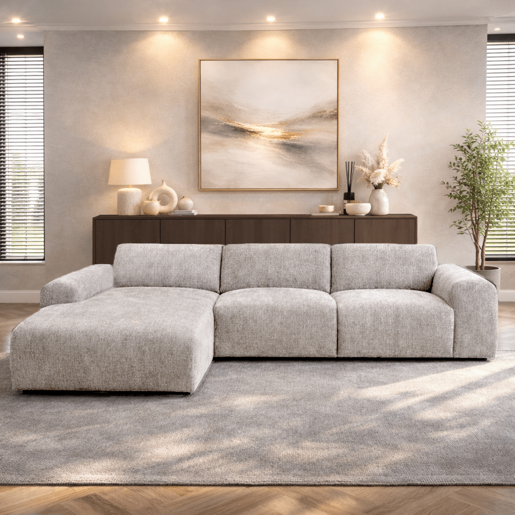 Corner sofa with chaise longue in beige chenille fabric Shane – left