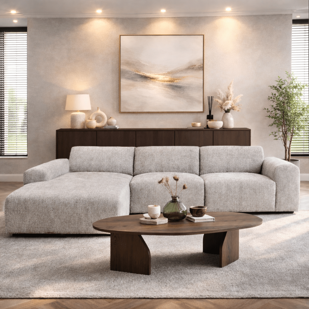 Corner sofa with chaise longue in beige chenille fabric Shane – left