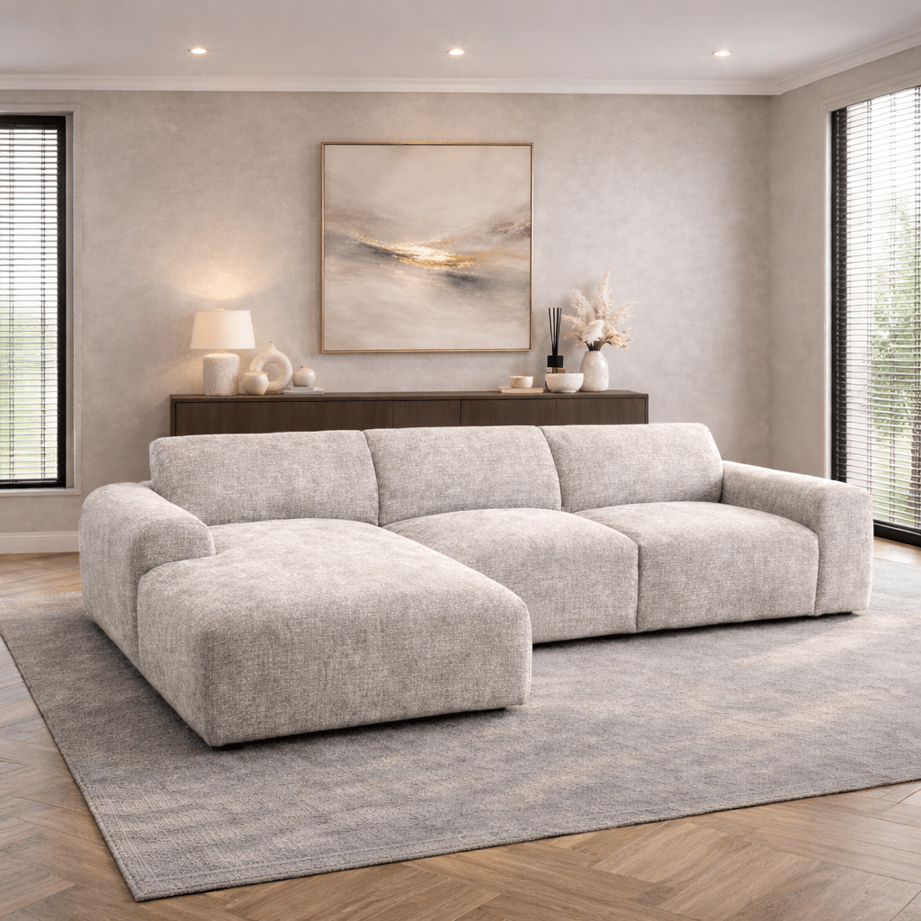 Corner sofa with chaise longue in beige chenille fabric Shane – left