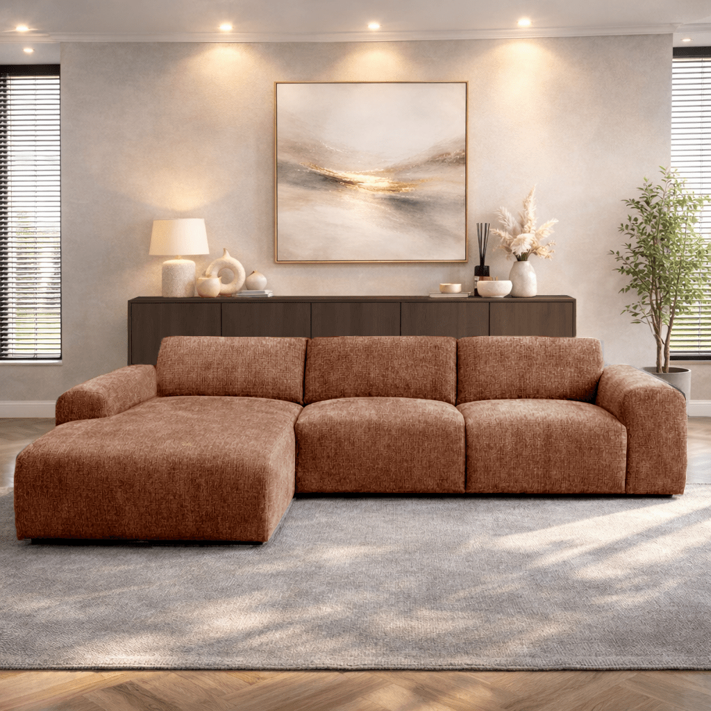 Corner sofa with chaise longue in copper chenille fabric Shane – left