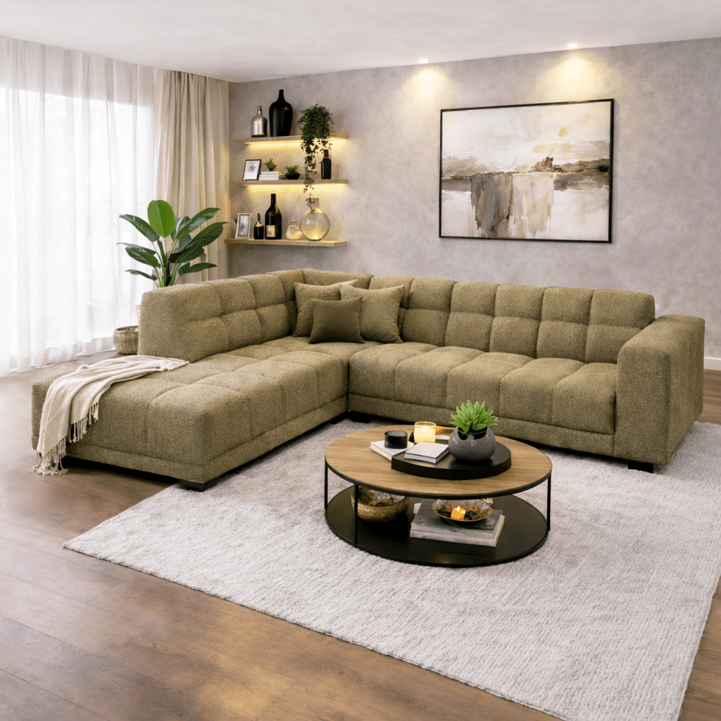 Corner sofa with lounge in olive green bouclé fabric Nova – left