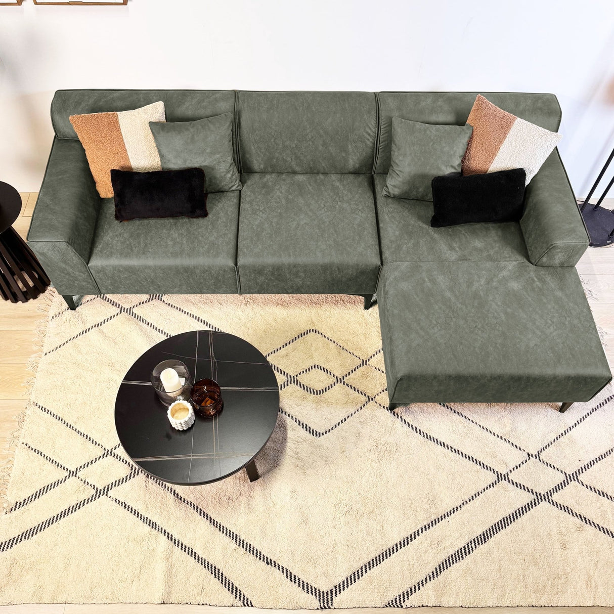 Corner sofa with compact lounge green microfiber Davidson - right