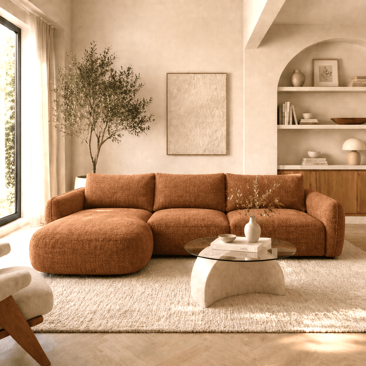 Corner sofa round longue copper velvet textured fabric Dwayne - left