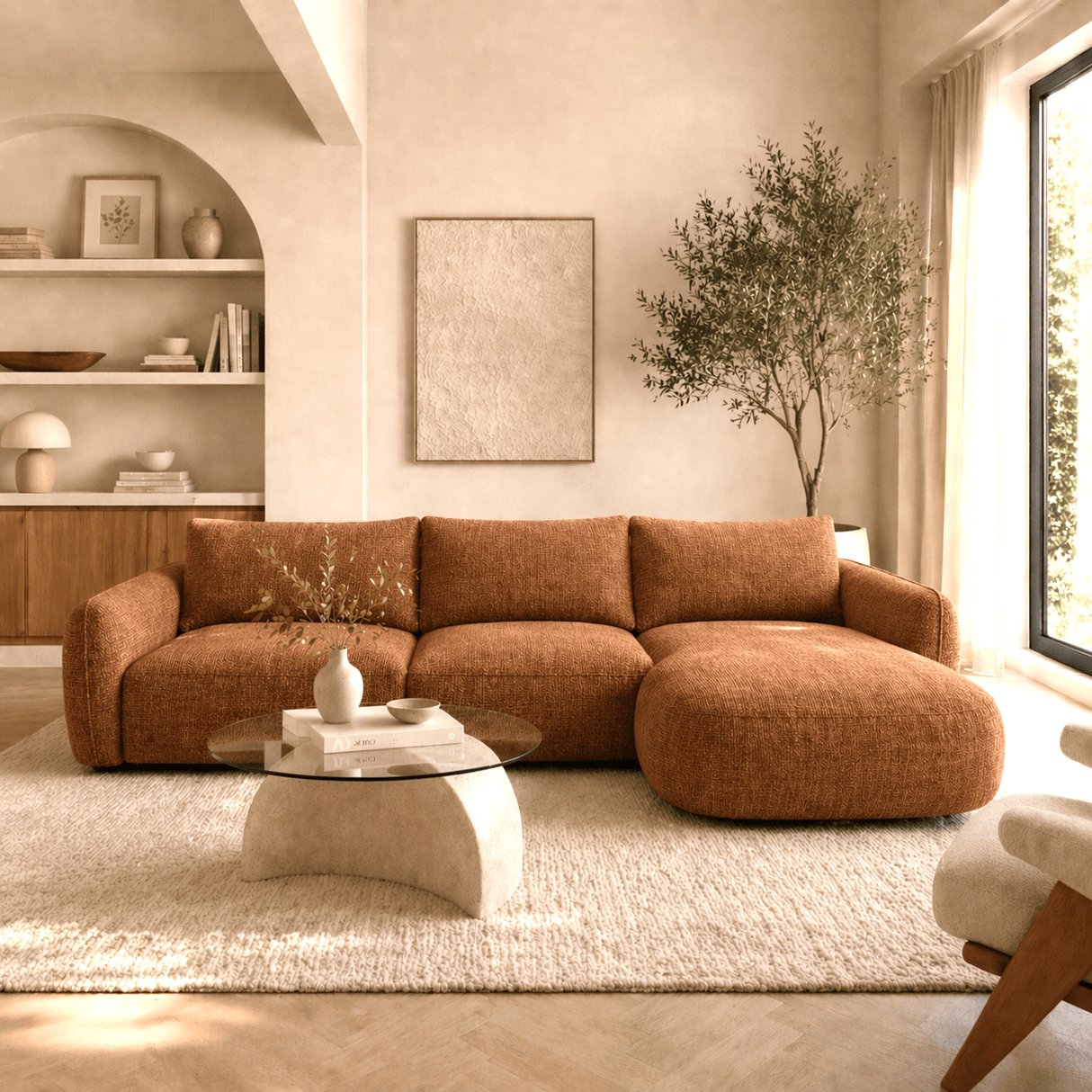 Corner sofa round longue copper velvet textured fabric Dwayne - right