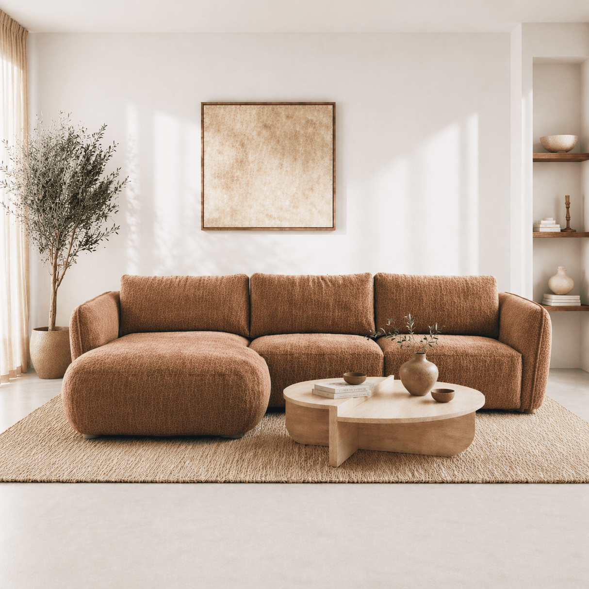 Corner sofa round longue copper velvet textured fabric Dwayne - left