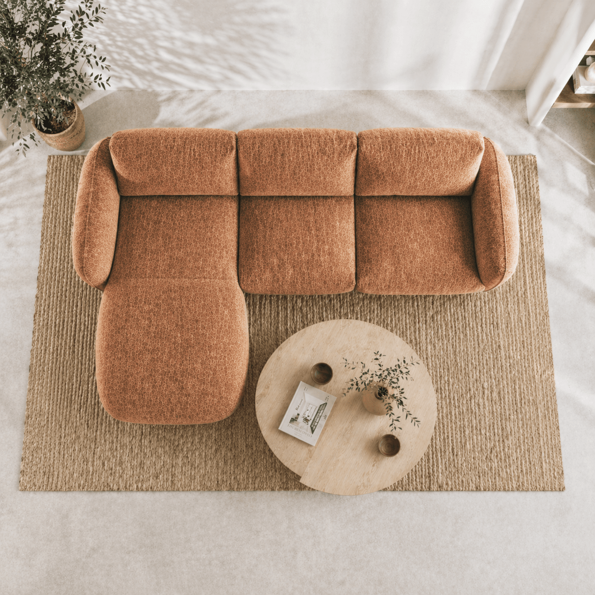 Corner sofa round longue copper velvet textured fabric Dwayne - left