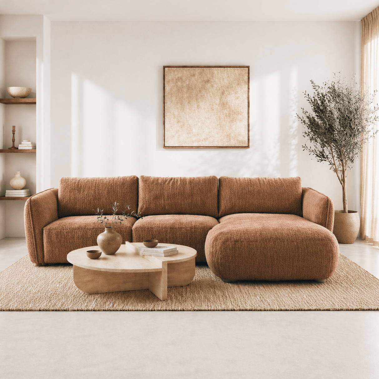 Corner sofa round longue copper velvet textured fabric Dwayne - right