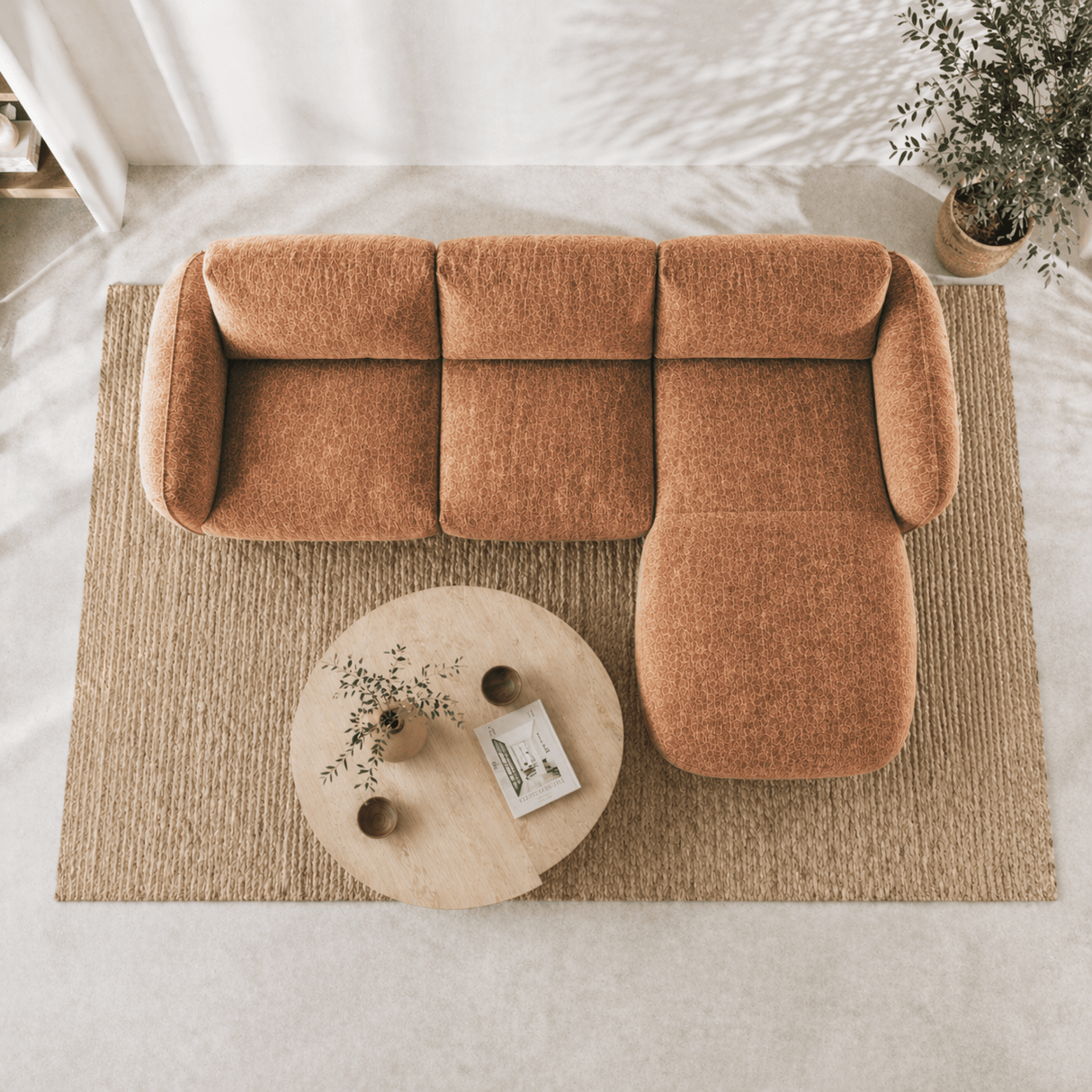 Corner sofa round longue copper velvet textured fabric Dwayne - right