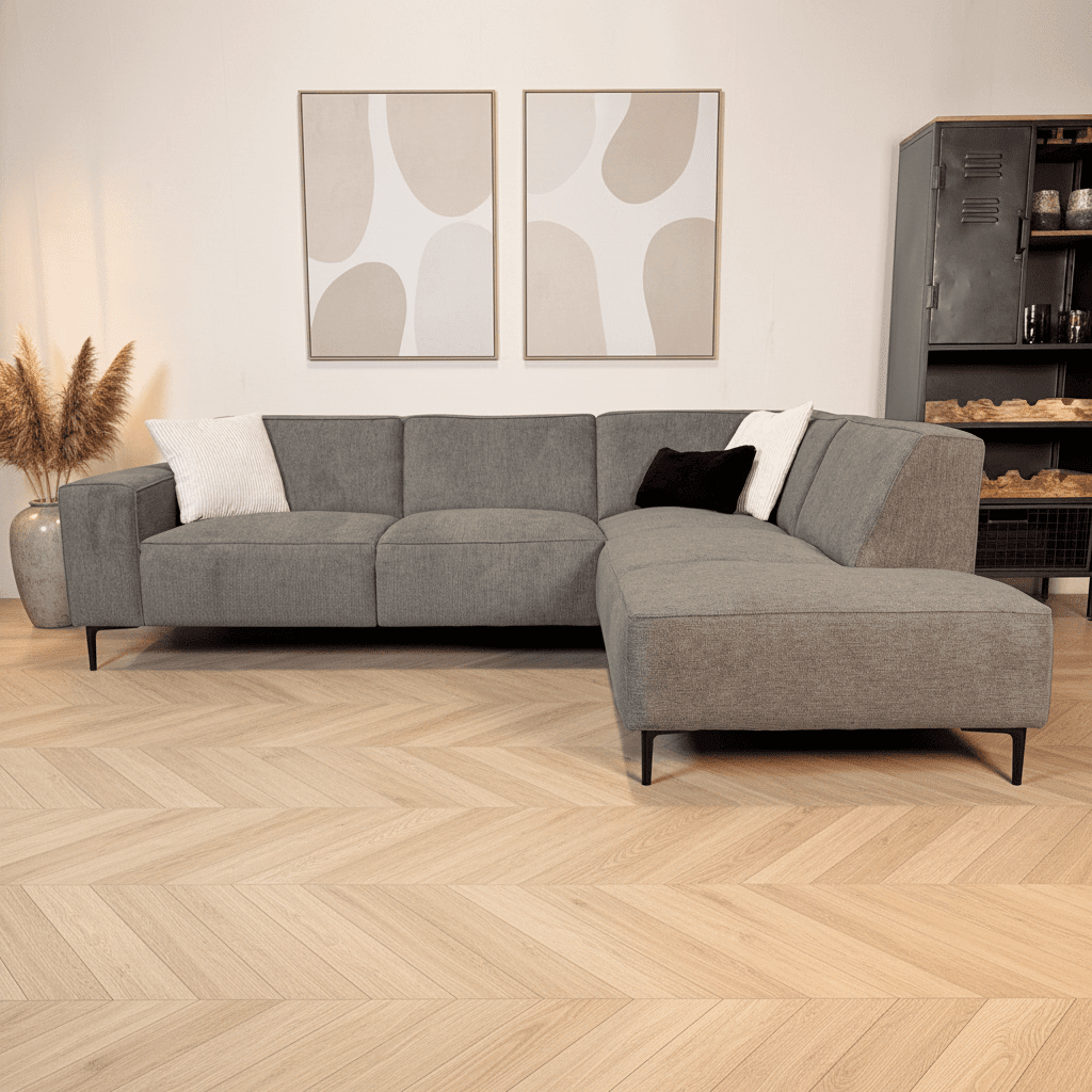 Taupe chenille corner sofa upholstered Ravi – right