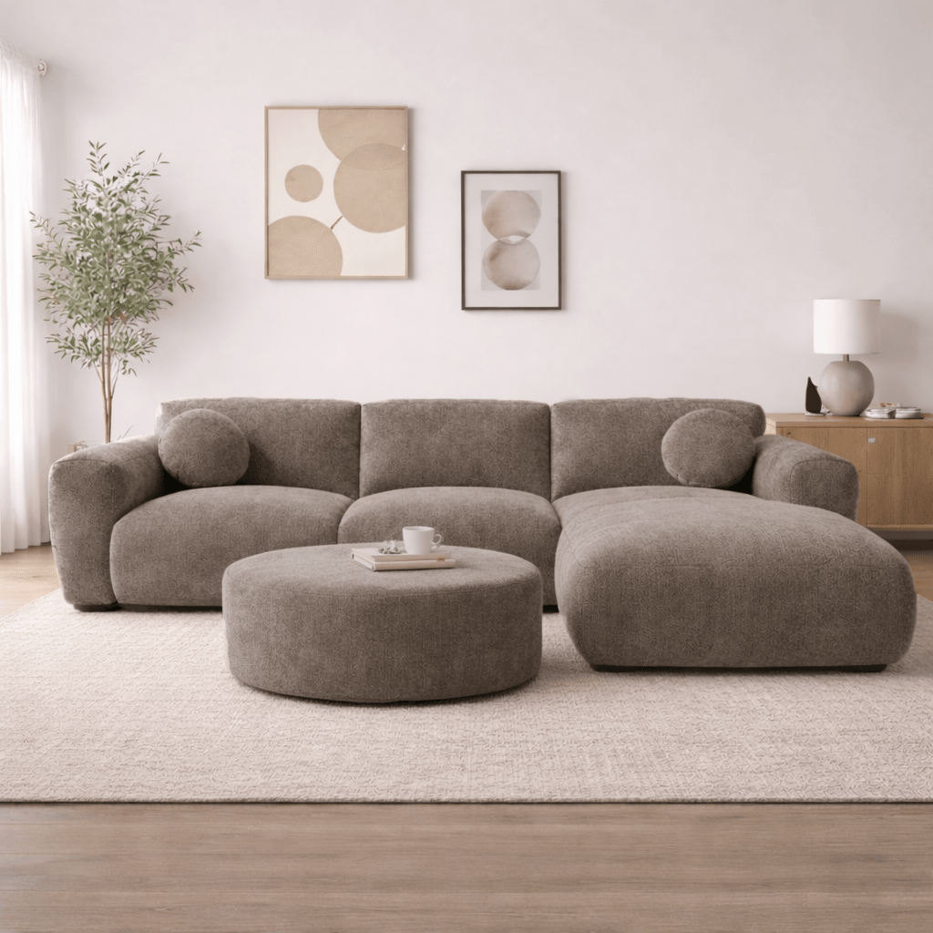 Corner sofa with chaise longue in taupe chenille fabric Shane – right