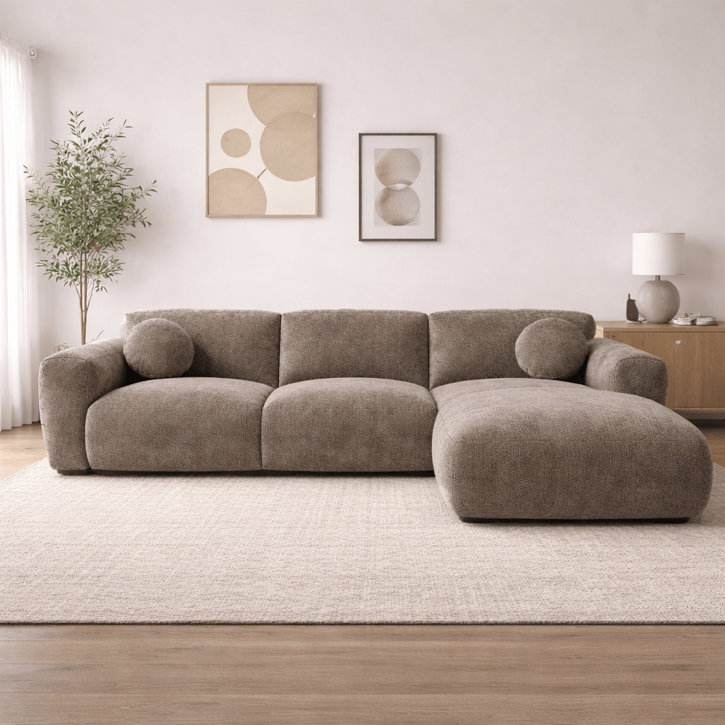 Corner sofa with chaise longue in taupe chenille fabric Shane – right