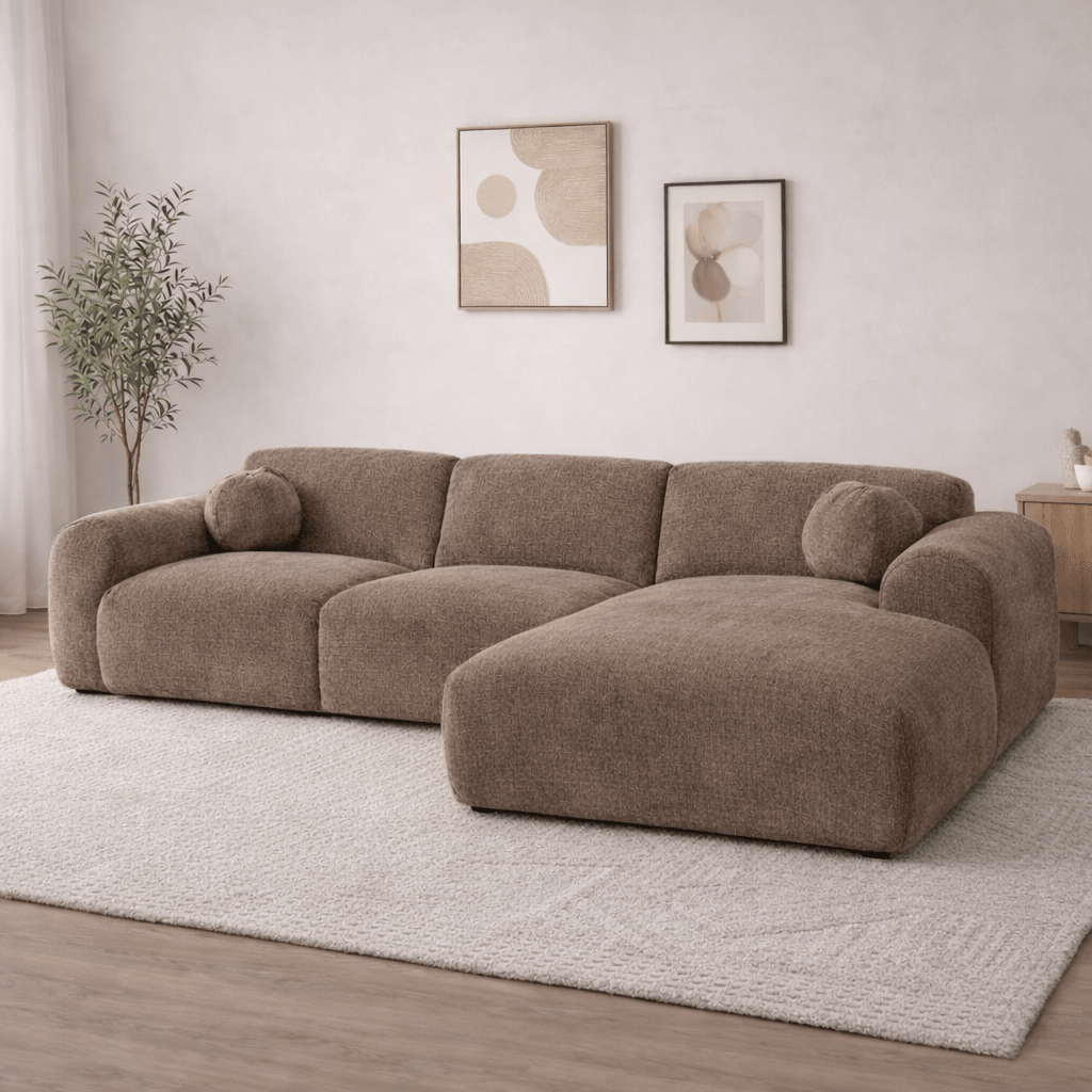 Corner sofa with chaise longue in taupe chenille fabric Shane – right
