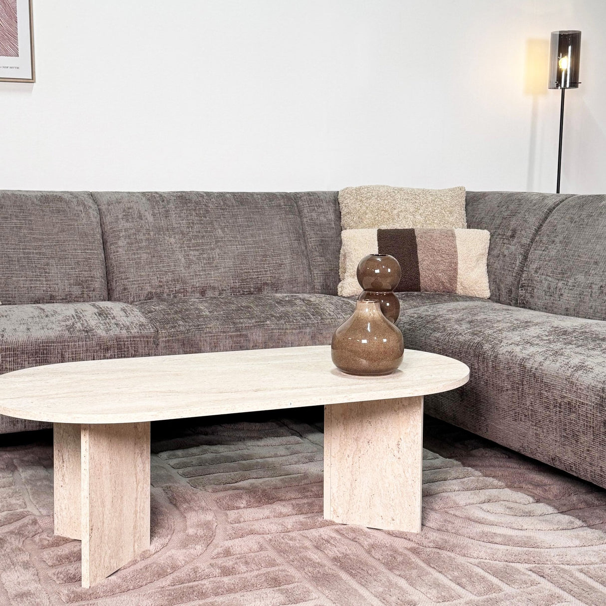 Corner sofa with chaise longue in taupe chenille fabric Manon - right