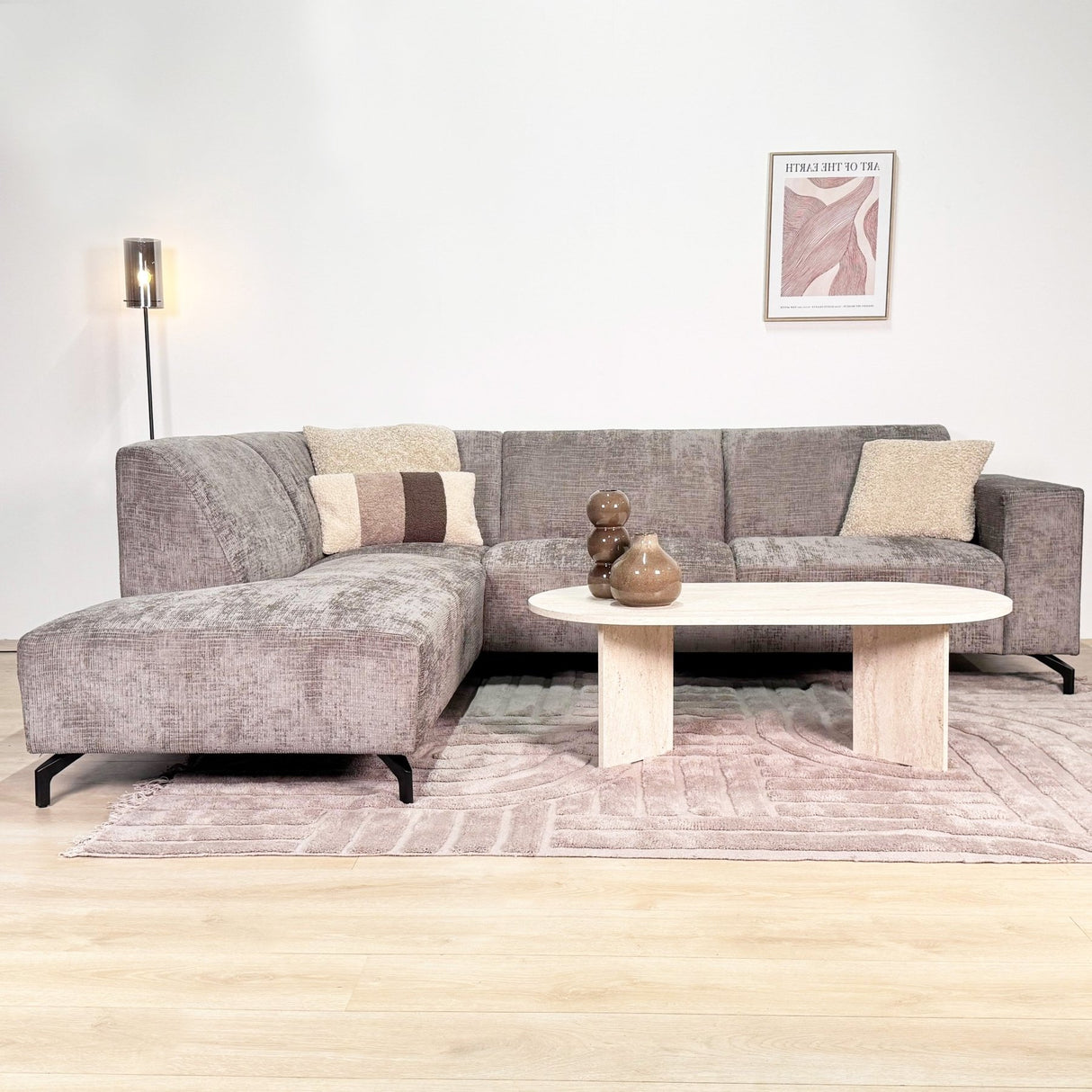 Corner sofa with chaise longue in taupe chenille fabric Manon - left
