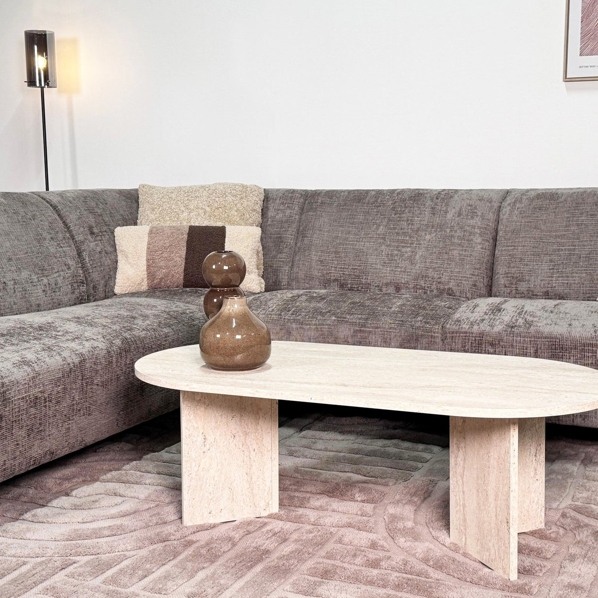 Corner sofa with chaise longue in taupe chenille fabric Manon - left