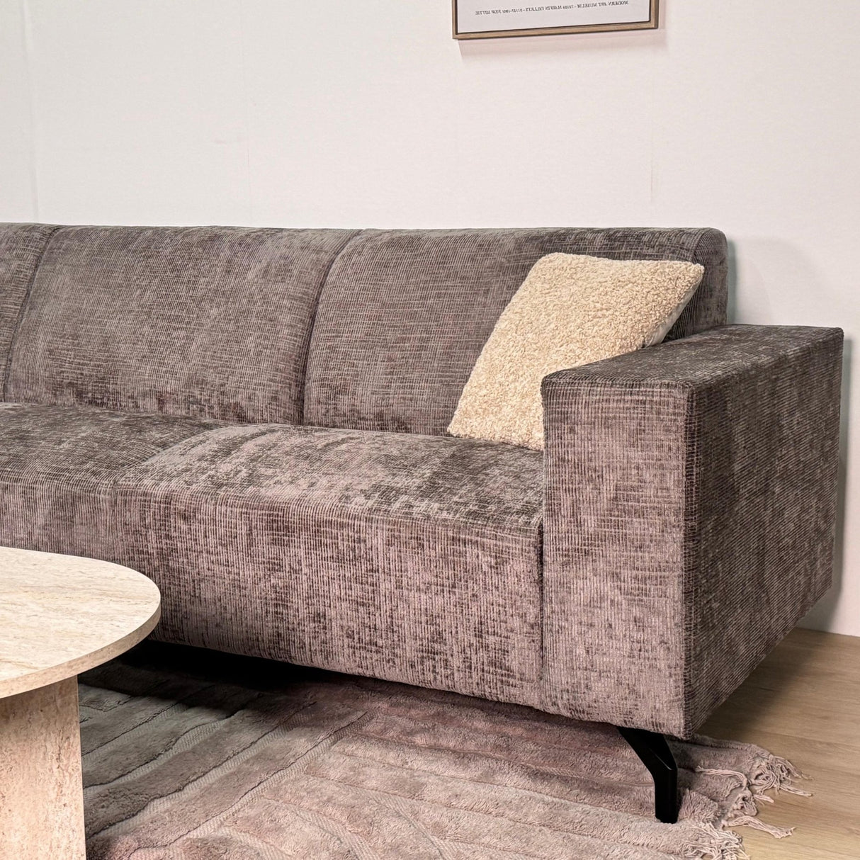 Corner sofa with chaise longue in taupe chenille fabric Manon - left