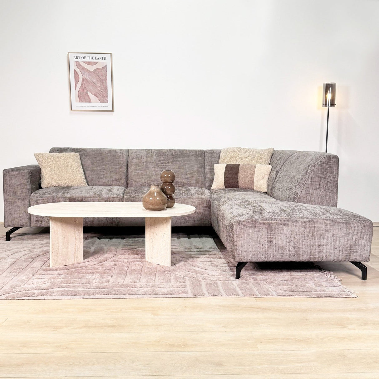Corner sofa with chaise longue in taupe chenille fabric Manon - right