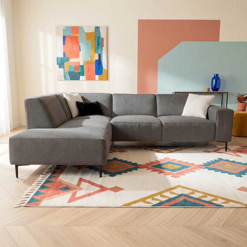 Corner sofa taupe chenille embroidered Ravi – left