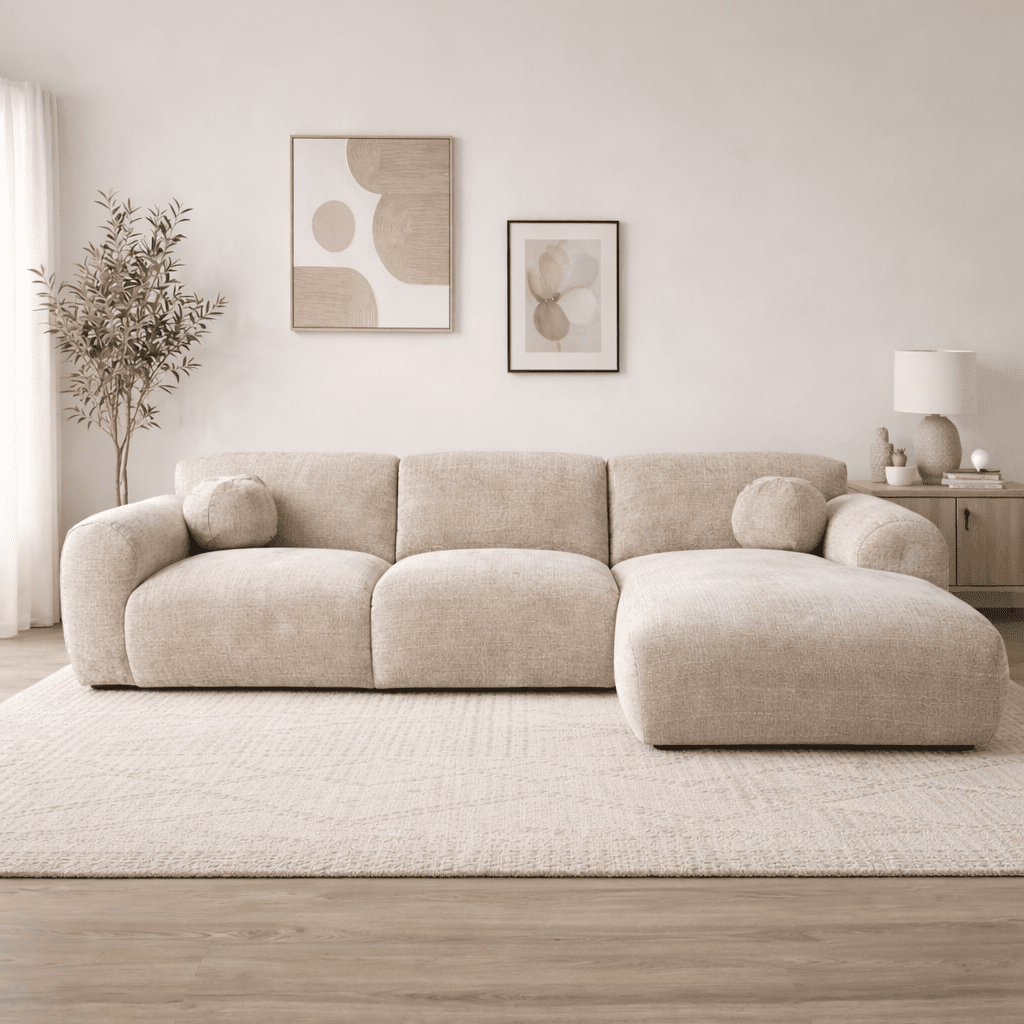 Corner sofa with chaise longue in beige chenille fabric Shane – right