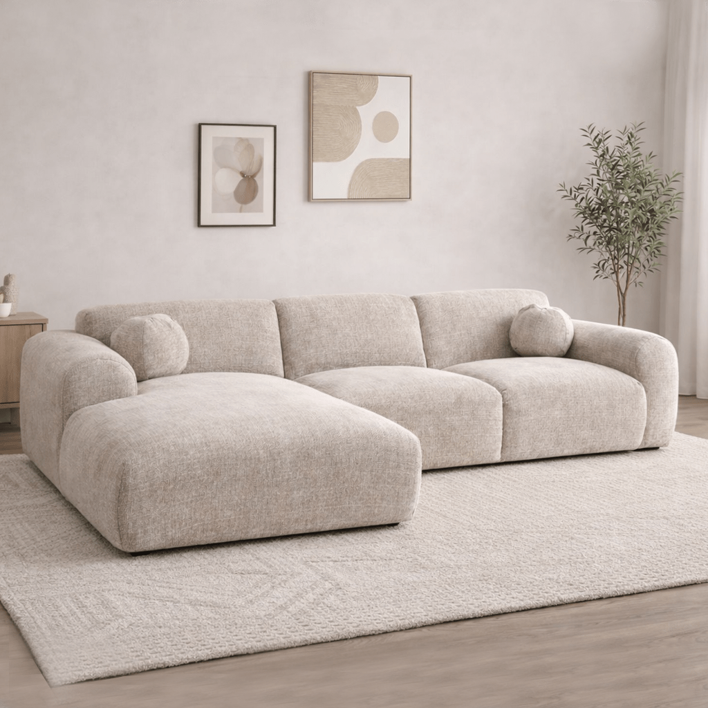 Corner sofa with chaise longue in beige chenille fabric Shane – left