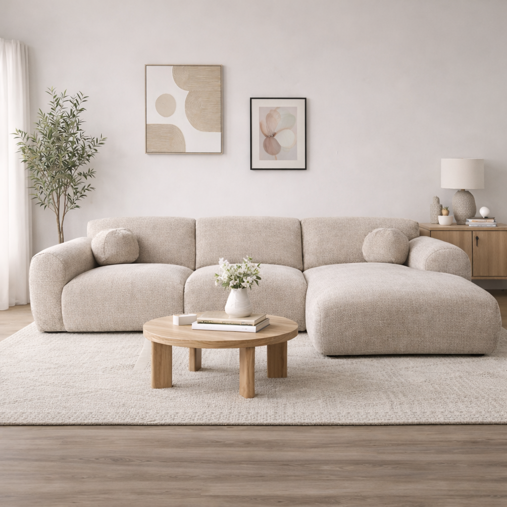 Hoekbank beige chenille stof met lounge Shane - rechts