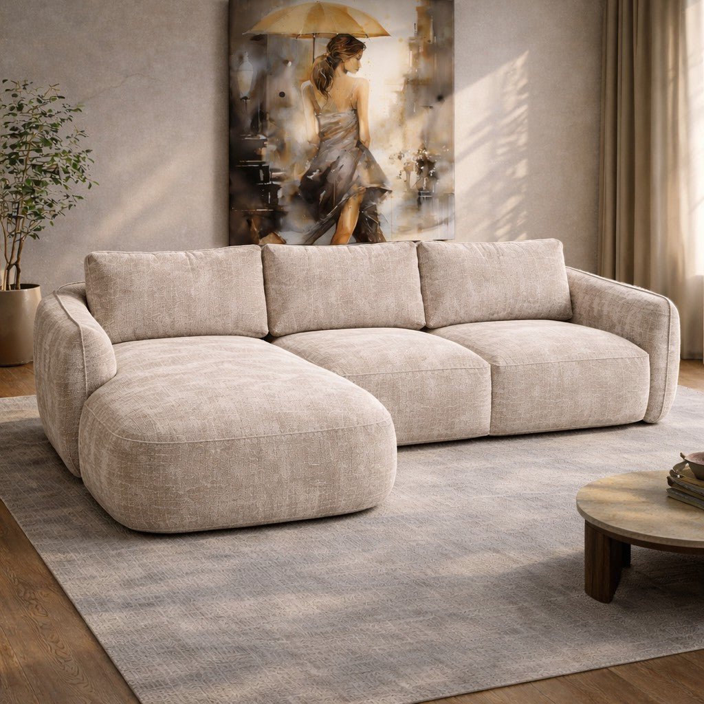 Corner sofa chaise longue beige textured fabric Dwayne - left