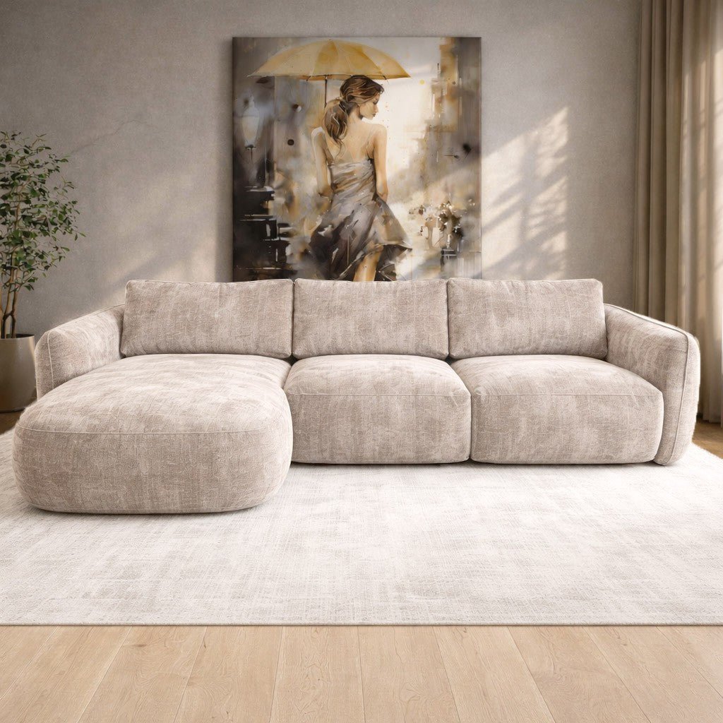 Corner sofa chaise longue beige textured fabric Dwayne - left