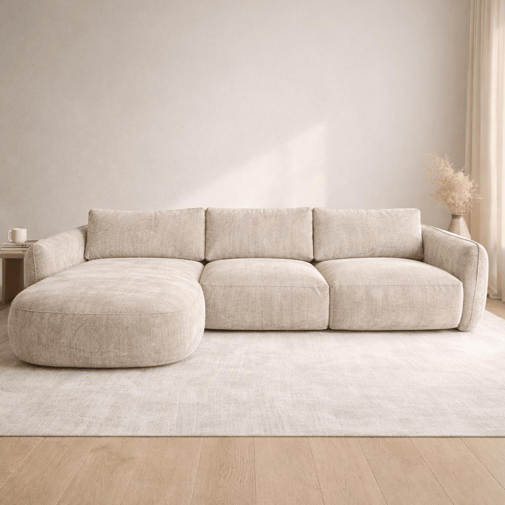 Corner sofa chaise longue beige textured fabric Dwayne - left