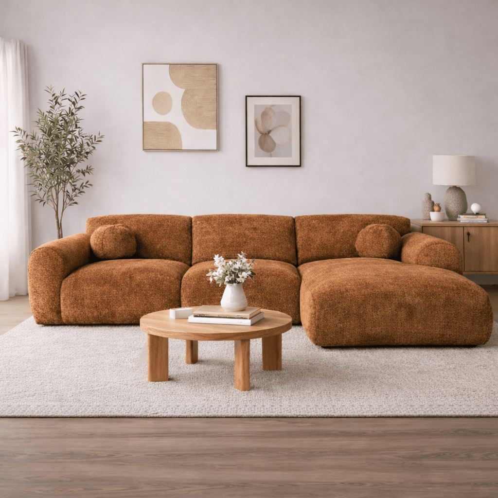 Corner sofa with chaise longue in copper chenille fabric Shane – right