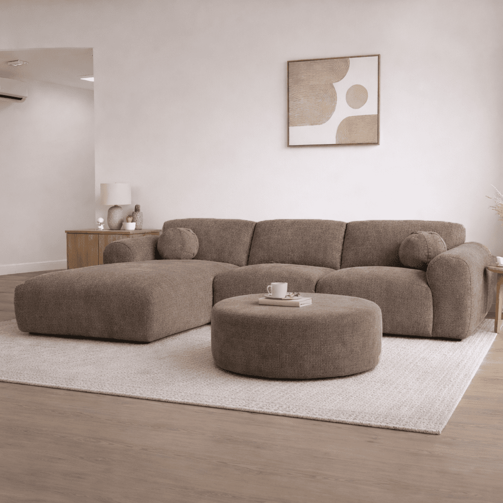 Corner sofa with chaise longue in taupe chenille fabric Shane – left